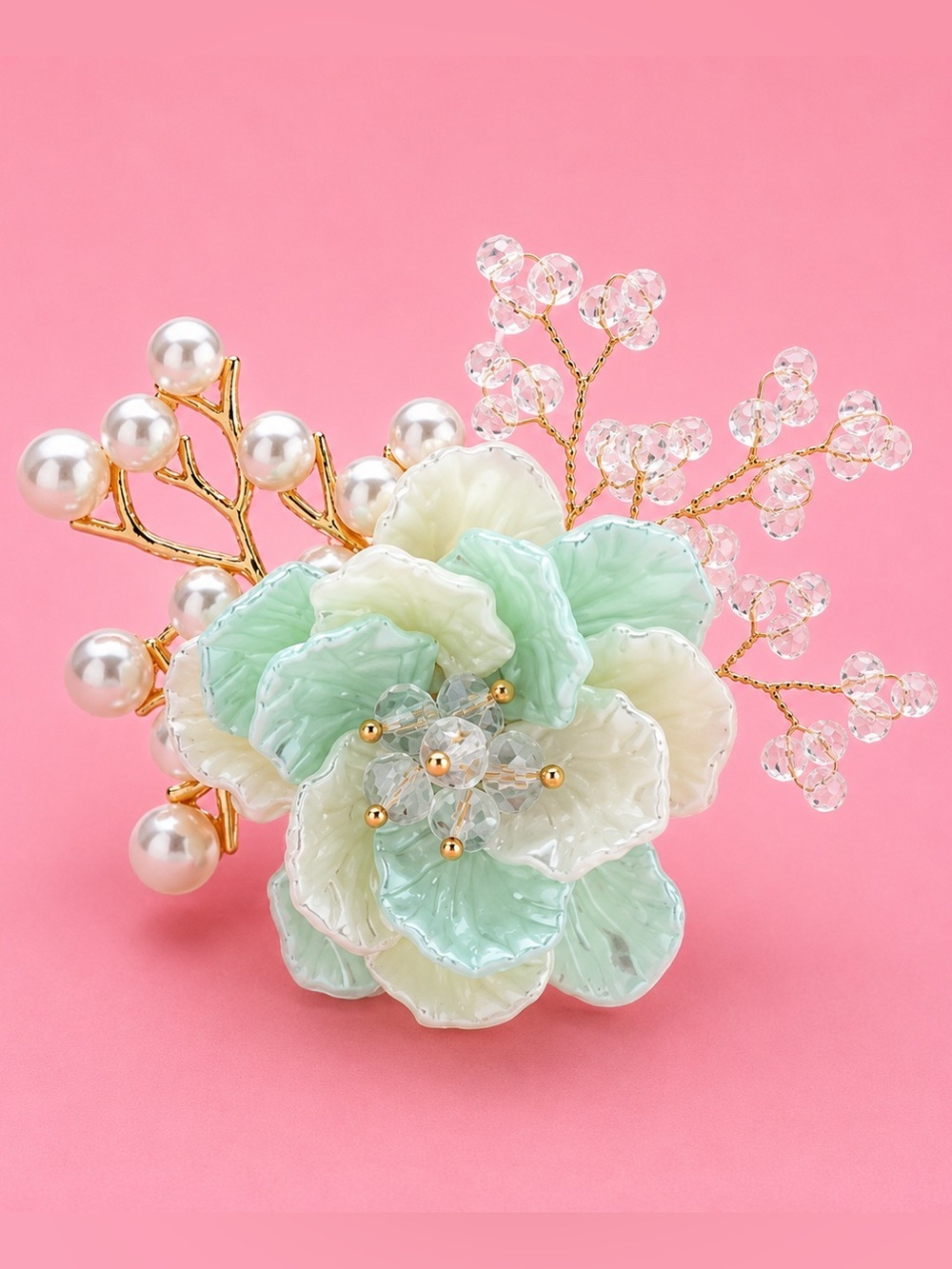 Floral Blossom Light Blue Pearl Crystal Brooch